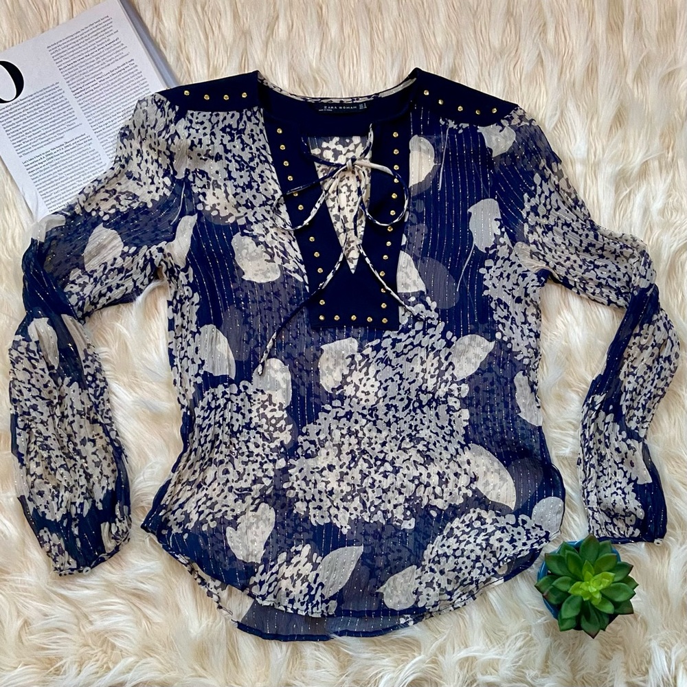 Zara | Navy Studded Blouse - Picture 3 of 7